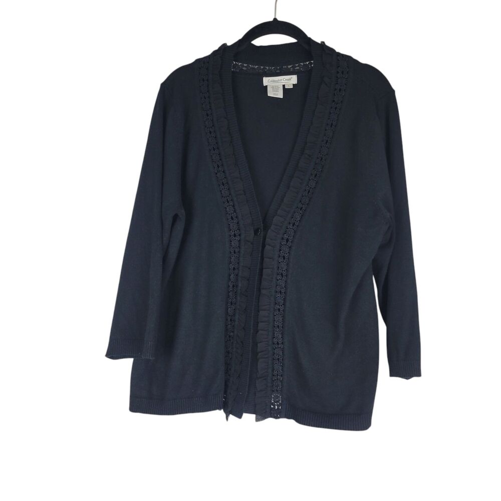 Coldwater Creek One Button Black Cardigan Sweater with Crochet Trim Size Large